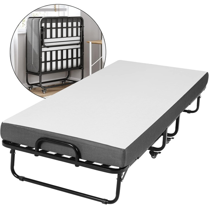 Розкладне ліжко DICTAC 90x200 см для дорослих з матрацом з піни з ефектом пам&39яті приблизно 13 см Гостьове ліжко Розкладне металеве каркасне розкладне ліжко з колесами Дорожнє ліжко Розкладне металеве ліжко Стабільне навантаження до 200 кг Розкладне ліж