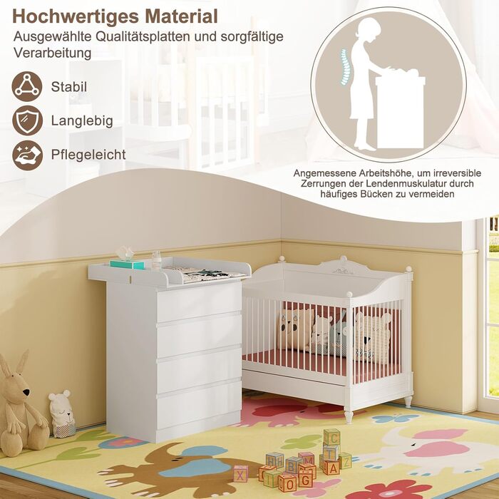 Пеленальний столик WOLTU зі знімною стільницею для пеленання, дитячий пеленальний столик, полиця для пеленання, комод з 4 шухлядами, висота 110 см, білий глянцевий білий глянцевий білий