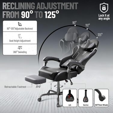 Ергономічне ігрове крісло зі штучної шкіри з функцією масажу, ігрове крісло з висувною підставкою для ніг, зручне офісне крісло/комп&39ютерне крісло з вантажопідйомністю 135 кг для домашнього офісу, чорно-біле.