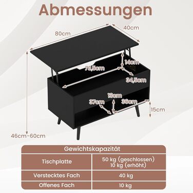Журнальний столик COSTWAY з регульованою висотою, диван-столик з підйомною стільницею та 2 відкритими полицями, розсувний дерев&39яний журнальний столик для вітальні, офісу, 80 x 40 x 46-60 см (чорний)