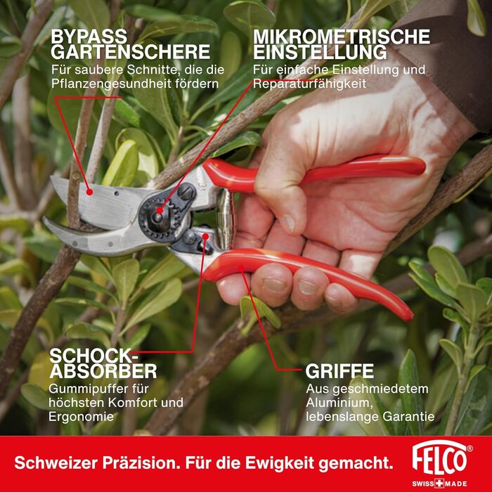 Професійні садові ножиці FELCO 2 з двостороннім механізмом для правшів, лезо із загартованої сталі 41 мм, ковані алюмінієві ручки, міцний інструмент для середніх та великих рук, ріжуча здатність 25 мм, зроблені у Швейцарії, FELCO 2 Large Hands (L)