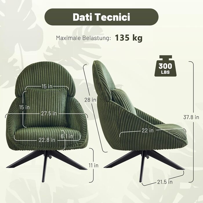 Крісло-шезлонг, крісло для вітальні, поворотне на 360, крісло з відкидною спинкою, м&39яке крісло з товстою знімною декоративною подушкою, крісло-реклайнер/крісло для читання для вітальні, спальні, офісу, зелене
