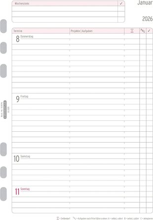Вкладиш-календар Chronoplan 50576 2026 (тижневий планувальник A5 (148x210 мм) Змінний календар для планувальників зустрічей, ідеально підходить для детального тижневого планування, 1 тиждень на 2 сторінках у рядки, з універсальним перфоратором) білий