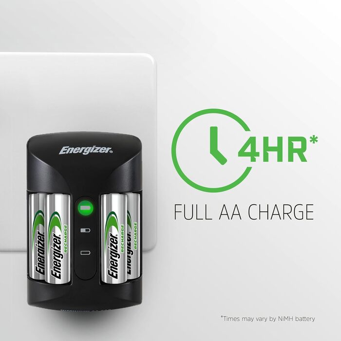 Зарядний пристрій Energizer Recharge Value з 4 акумуляторними батареями типу AA NiMH у комплекті. Зарядний пристрій Pro із зарядним пристроєм на 4 батарейки типу AA та батареями.