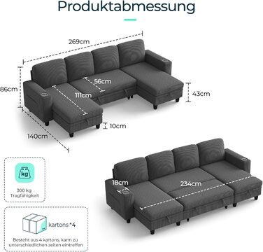 Розкладний диван LINSY HOME, кутовий диван з функцією сну, місцем для зберігання речей, вельветова оббивка, L-подібні модульні дивани з шезлонгом для віталень та квартир (темно-сірий, U-подібний) Темно-сірий U-подібний