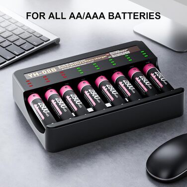 Акумулятори AA, 8 акумуляторів AA з 8 зарядними пристроями для швидкого заряджання, для Ni-MH батарей AA/AAA, 8 слотів для зарядки 8 AA