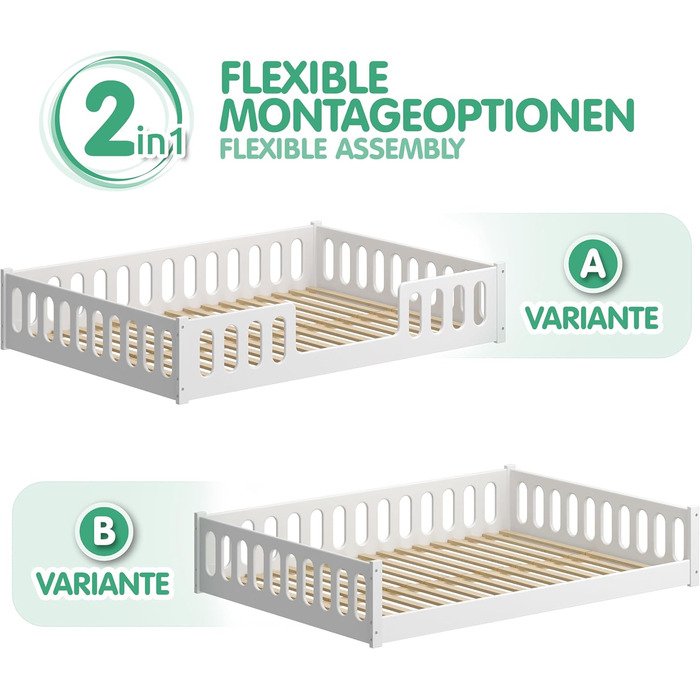 Дитяче ліжко 2-в-1 на підлозі 140x200 см Монтессорі зі знімними захисними поручнями - Біле, 46 кг, Вантажопідйомність до 200 кг, Надміцна згортається рейкова основа, Трансформоване 140 x 200 см Біле - 1 центральний вхід