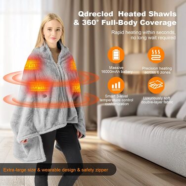 Бездротова ковдра з підігрівом 160x90 см з акумулятором 16000 мАг, фланелева ковдра з підігрівом, яку можна прати, з 6 зонами нагріву та 3 температурними режимами, електрична ковдра з підігрівом від USB для дивана, офісу, подорожей, кемпінгу (сіра)