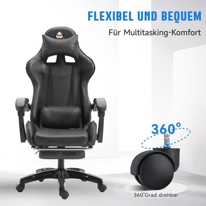 Ергономічне ігрове крісло, офісне крісло з регульованою висотою та функцією відкидання (чорне)