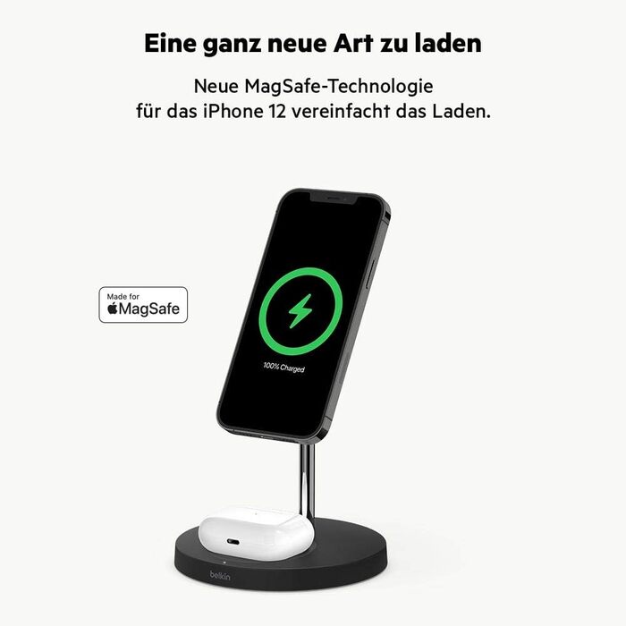 Бездротовий зарядний пристрій Belkin 2-в-1 з MagSafe, (15 Вт, зарядна підставка для iPhone для швидкої зарядки iPhone 14 серії, Ai