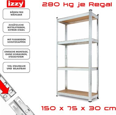 Полиця, міцна металева полиця для підвалу, надміцна полиця, полиця для зберігання, що вставляється в розетку, легко збирається, оцинкована, 4 полиці розміром 150 x 75 x 30 см, вантажопідйомність 280 кг 1 полиця - 150 x 75 x 30 см, 1