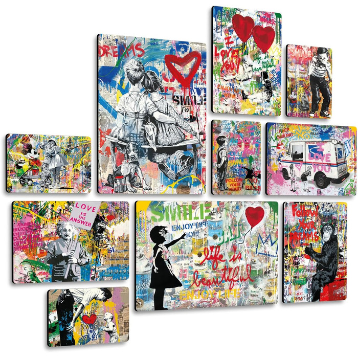 Набір з 10 багатокомпонентних картин - Бенксі - Стріт-арт 1 - Дерево МДФ - 2 x 42x29,7cm 4 x 29,7x21cm 4 x 214,85cm - Готові до пі
