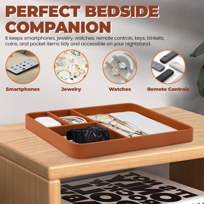 Чоловічий органайзер для столу, 4 відділення, високоякісна штучна шкіра, лоток для всіх тумбочок, тумбочки біля ліжка, кешбек для ключів, годинника, телефону, ювелірних виробів, EDC, коричневий