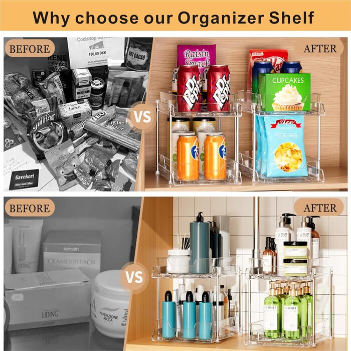 Органайзер під раковину, 2 шт. и, прозорий, велика місткість, велике навантаження, висувна полиця під раковину, з 2 полицями, вису