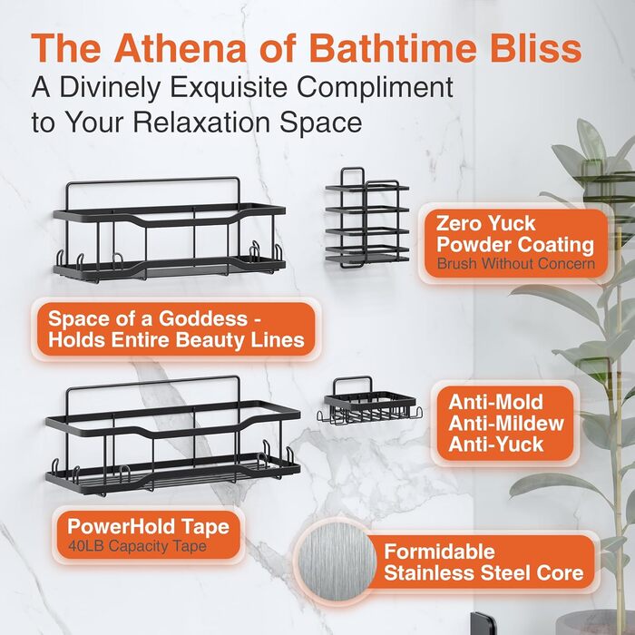 Полиця для ванної кімнати Tribal Cooking, піддон для душу, органайзер для підвісного кошика, чорна, дуже велика полиця для душу - Набір Athena Silken Black 4 - місткість 18 кг, стрічка PowerHold Tape - в комплекті 2 мочалки з люфи