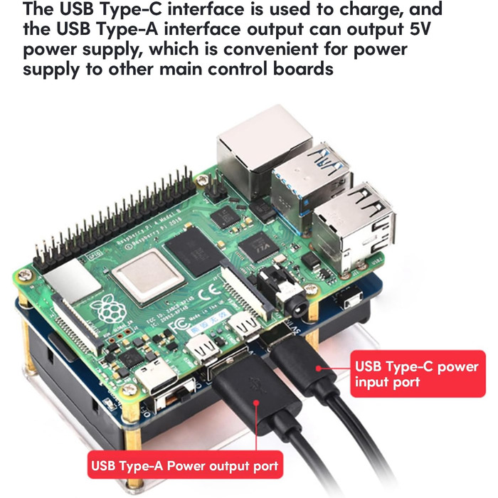 Шапка ДБЖ для плат Raspberry 3/3B/4B, зручне джерело живлення, стабільний вихід USB 5 В, безпечна установка, зарядний пристрій в комплекті