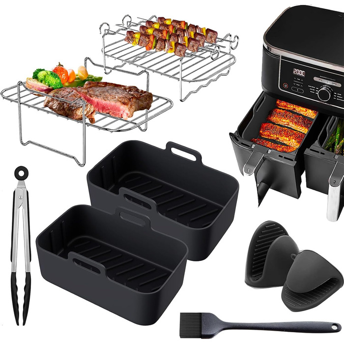 Аксесуари для фритюрниці Ranedo, аксесуари для фритюрниці для Ninja Dual AF300EU AF400EU та подвійної фритюрниці 7.6 л - 9.5 л, силіконові вставки для фритюрниці, шампури та стійка чорна