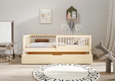 Дитяче ліжко 80x160 з шухлядою - Нефарбоване дерев&39яне ліжко - Односпальне ліжко для дітей з рейковою основою та знімними захисними поручнями - Вантажопідйомність до 100 кг - виготовлено з сосни 1 класу 80x160 Нефарбована деревина