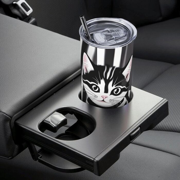 Кухоль з прямою трубочкою, 590 мл, чорно-білий смугастий принт кошенят, дорожній кухоль, підходить для кемпінгу, офісу та дому