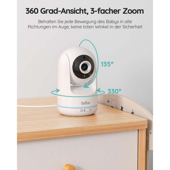 Радіоняня з камерою без Wi-Fi, автоматична радіоняня нічного бачення, PTZ огляд 360, 5-дюймовий IPS-екран 720P, 3 шт. зум, режим V