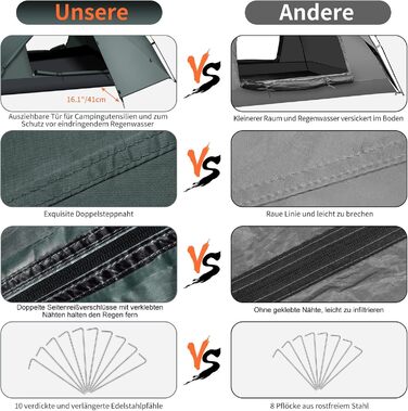 Намет для кемпінгу, 3-місний намет миттєвого розкладання, водонепроникний тришаровий автоматичний купольний намет, великий 4-сезонний намет з дощовиком та 2 розсувними ґанками, зелений