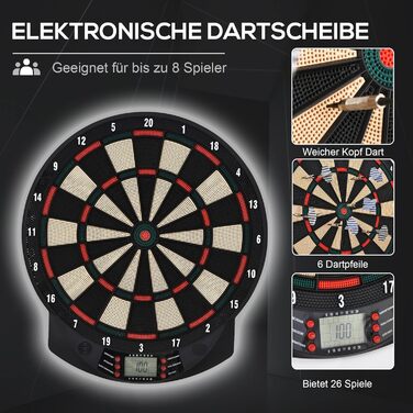 Електронна мішень для дартсу HOMCOM з автоматичним підрахунком очок, набір дротиків з 6 дротиками, 30 головками для дротиків, 26 іграми та 185 варіантами влучань для 8 гравців, звукові ефекти, чорний колір, 44 x 39,5 x 2,2 см