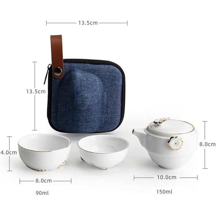 Набір для чаювання RORA в дорозі керамічний чайник ручної роботи в стилі Кунфу, портативний набір Все в одному (1 чайник, 2 чашки) для подорожей, офісу та дому (білий)