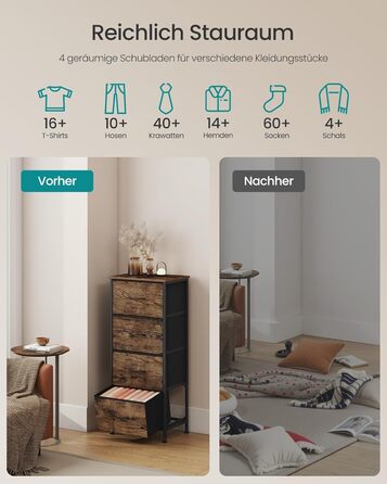 Комод SONGMICS, шафа, 4 тканинні шухляди, шафа для зберігання, сталь, МДФ, неткане полотно, для спальні, коридору, вітальні, вінтажний коричневий-чорний LGS314BH04 4 шухляди вінтажний коричневий чорнильний