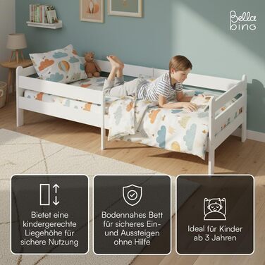 Дитяче ліжко Bellabino Kuru 90x200 см Дитяче ліжко із захистом від падіння та рейковою основою Дитяче ліжко з місцем для зберігання Дитяче ліжко з дерева Односпальне ліжко для хлопчиків та дівчаток для дитячих кімнат білого кольору без шухляд, матрац не в