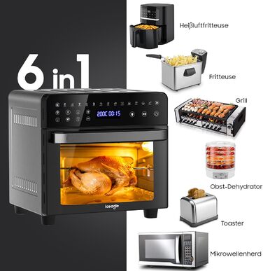 Фритюрниця Iceagle Hot Air Fryer XXL 15 літрів, фритюрниця з 13 програмами, міні-духовка, функція дегідратора, РК-дисплей, з буклетом рецептів та аксесуарами, 1800 Вт 15 л