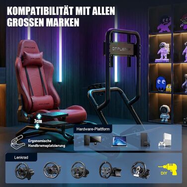 Підставка для керма гоночного симулятора з 3D стереодинаміками, кріпленням для монітора, регульованим кріпленням керма, кріпленням для важеля перемикання передач та педалями (бордовий)