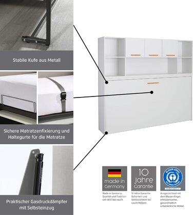 Меблі Rauch Albero, ліжко, настінне ліжко, поперечно розкладне ліжко, компактне настінне ліжко з каркасом ліжка, полицею та рейковою основою, спальна зона 90x200 см, колір білий, ручки з масиву дуба, 214x197x44 см