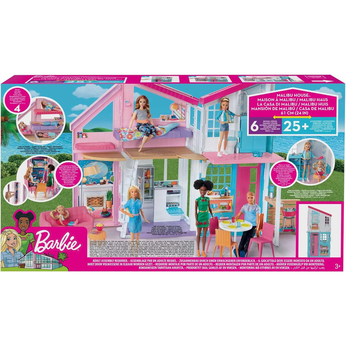 Будинок Барбі Малібу, двоповерхова вілла мрії з 6 кімнатами, 25 аксесуарами, ляльками, підходить як подарунок для дітей віком від 3 років, FXG57 Барбі - Будинок Малібу