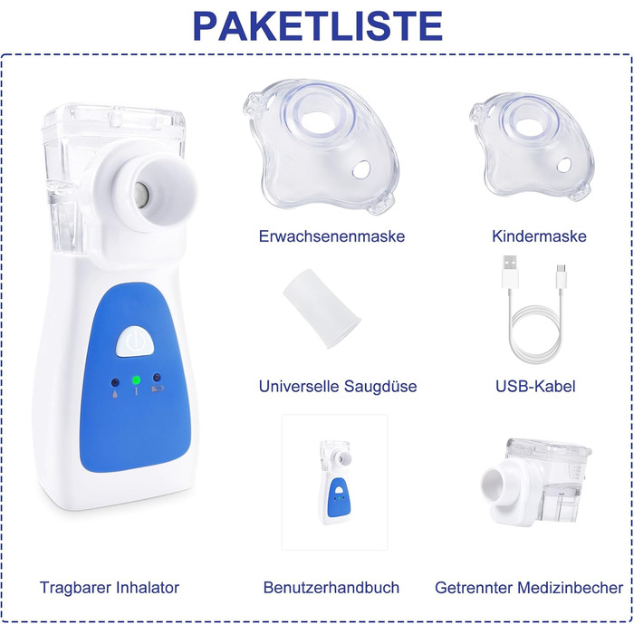 Інгалятор-небулайзер BellaHealth, портативний небулайзер для дітей та дорослих, набір інгаляторів з мундштуком та маскою, перезаряджається від USB (синій)