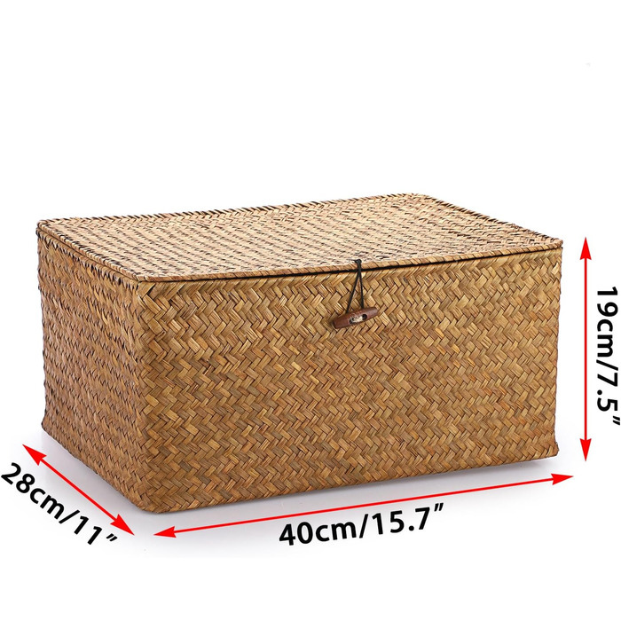 Кошик для зберігання морської трави IGNPION з кришкою, плетений настільний кошик з лози, прямокутний органайзер для зберігання у ванній кімнаті, декоративний кошик під полицею для вітальні, багатоцільовий кошик для зберігання (XL, 40x28x19 см, карамельний