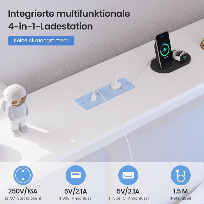 Диван-ліжко зі світлодіодним освітленням та зарядною станцією, дитяче ліжко 90x200 см зі столиком 35x112 см та двома великими шухлядами, ліжко 90x200 з кушеткою та м&39яким узголів&39ям, білий колір