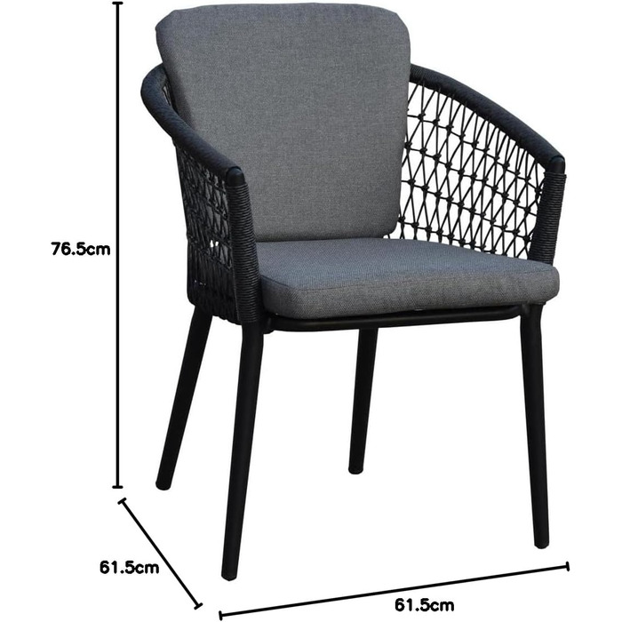 ВИВ. Обіднє крісло Bormio чорне з мотузковими плетеними та олефіновими подушками, атмосферостійке та міцне, для саду та балкона, антрацит, 61.5 x 61.5 x 76.5 см