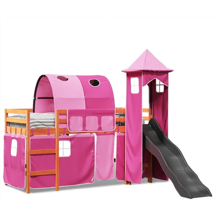 Ліжка та аксесуари, Ліжка та каркаси ліжок, Дитяче ліжко-горище з вежею, рожеве, 90 х 200 см, масив дерева, сосна