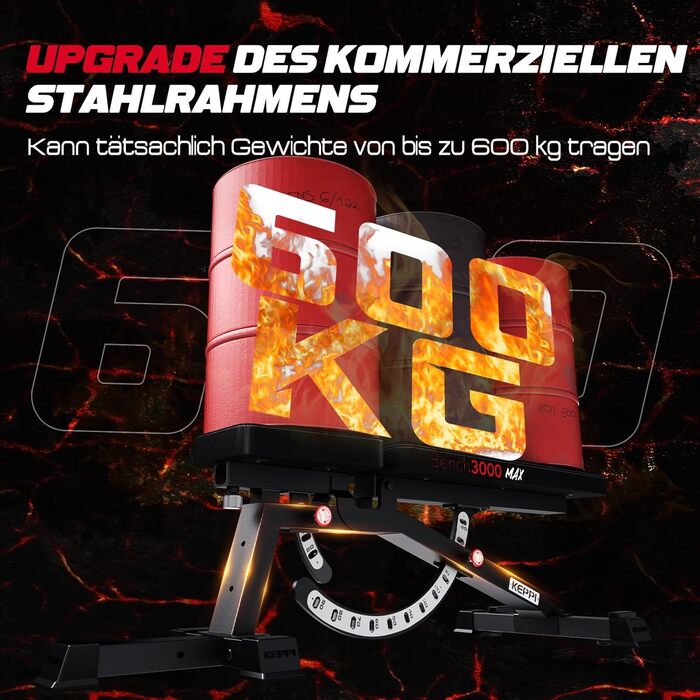 Регульована силова лава Keppi, вантажопідйомність 600 кг, посилена, регульована для домашніх тренувань, нахилена лава, килимок для проповідників та тренувальна лава з регулюванням нахилу/нахилу/рівня - Bench3000 Max