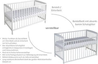 Дитяче ліжечко Міккі - біле - 60x120 см - виготовлене з масиву бука - плавне регулювання висоти - вкл. бортики для переобладнання та ремінь безпеки White Old