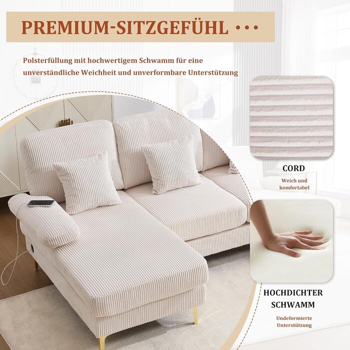 Подібний диван зі світлодіодним підсвічуванням, кутовий диван з функцією сну, диван-ліжко з 4 розкішними подушками, ергономічний розкладний диван, для вітальні/спальні, каркас з масиву дерева, 265 см, бежевий (265 см)