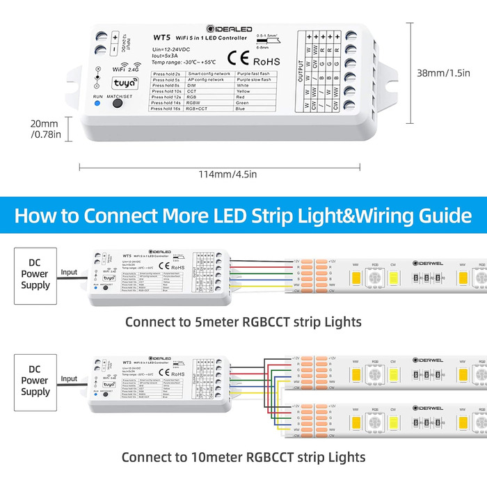 Бездротовий контролер світлодіодної стрічки 5 в 1 з радіочастотним пультом дистанційного керування, 5-канальний світлодіодний контролер RGBWW з регулюванням яскравості для CCT RGB RGBW RGBCCT і 5 білих світлових стрічок DC12-24V (тільки світлодіодний конт