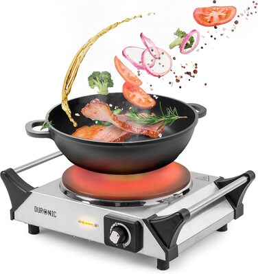 Гаряча плита Duronic HP1 SS електрична одинарна конфорка Плита Варильна поверхня з нержавіючої сталі нержавіюча сталь плавно регульована температура Ручки для перенесення 1500 Вт Кемпінг