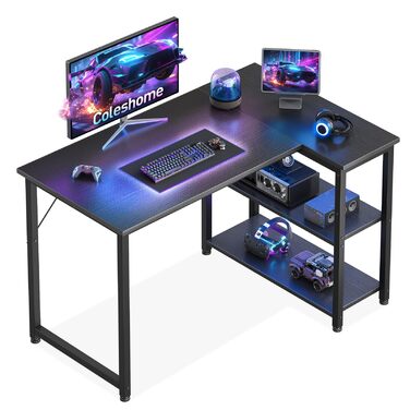 Ігровий стіл Coleshome, кутовий стіл 100x70 см з двосторонньою полицею для зберігання, компактний L-подібний стіл, підходить для ігрових столів у сімейних куточках, чорний 100x70 см