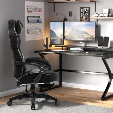 Ігрове крісло WOLTU, тканинне, прохолодне влітку, ергономічне, вантажопідйомність 150 кг, регульована спинка, ергономічна поперекова опора, підставка для ніг, офісне та ігрове крісло, чорнийсірий, еластична тканина