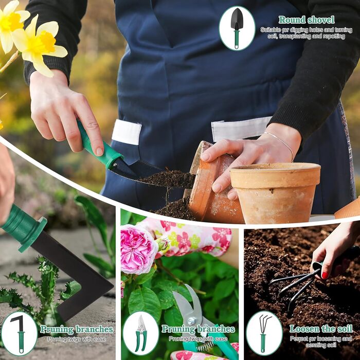 Набір садових інструментів Coolty, 13 предметів, з кейсом для зберігання ідеальний вибір для садівників (Зелений)