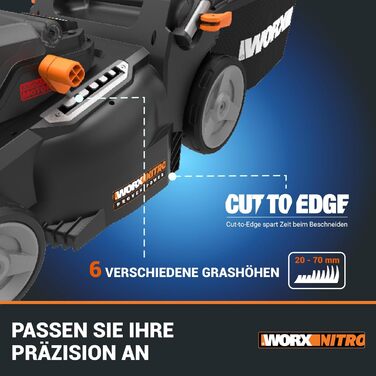 Акумуляторна газонокосарка WORX WG737E Nitro 40В (2х20В) - потужний безщітковий двигун - ширина зрізу 37см - 6 налаштувань висоти зрізу (20-70мм) - травозбірник на 40л - в комплекті батареї 2х4Ач та подвійний зарядний пристрій