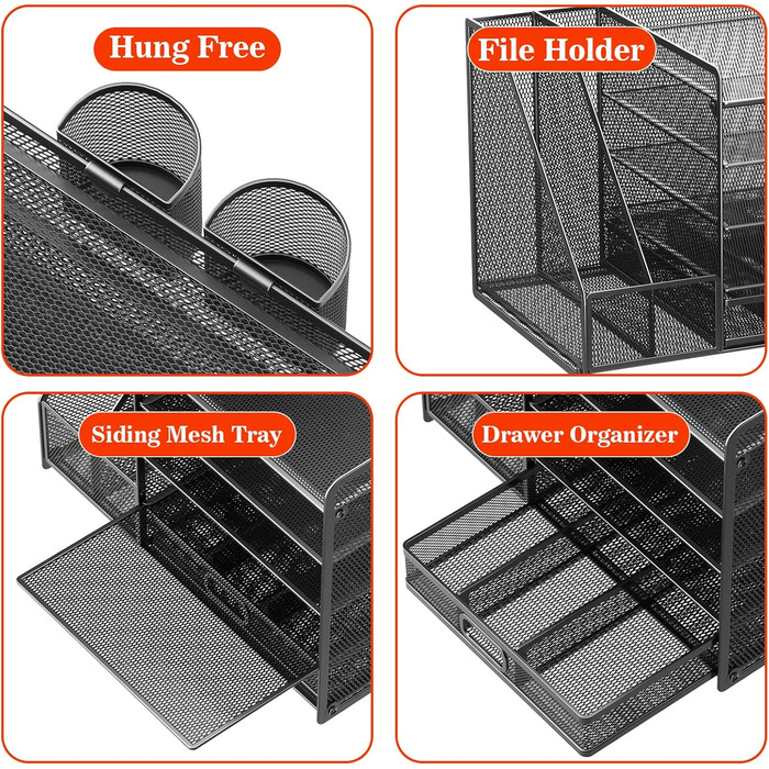 Настільний органайзер з тримачами для файлів, 5-рівневий органайзер для паперів з шухлядою та 2 тримачами для ручок, сітчастий настільний органайзер для файлів з тримачем для журналів для офісу, 5-рівневий настільний органайзер, чорний, з шухлядою та 2 тр