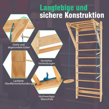 Дерев&39яна стіна для скелелазіння GYMAX, стіна для скелелазіння в приміщенні для дорослих та дітей, гімнастична стіна з турніком, мотузковими сходами та трапецією, стіна для фітнесу, вантажопідйомність до 100 кг, шведські сходи для домашнього використанн