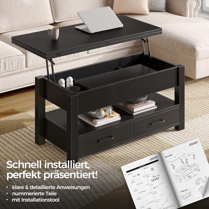 Журнальний столик Rolanstar з регульованою висотою та 2 шухлядами, дерев&39яний стіл для вітальні 100 x 50 см, компактний та простий у складанні для спальні, чорний